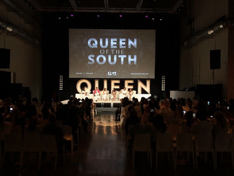 Queen of the South event for USA Network: stage with screen and lit QUEEN letters, produced by MSTRS